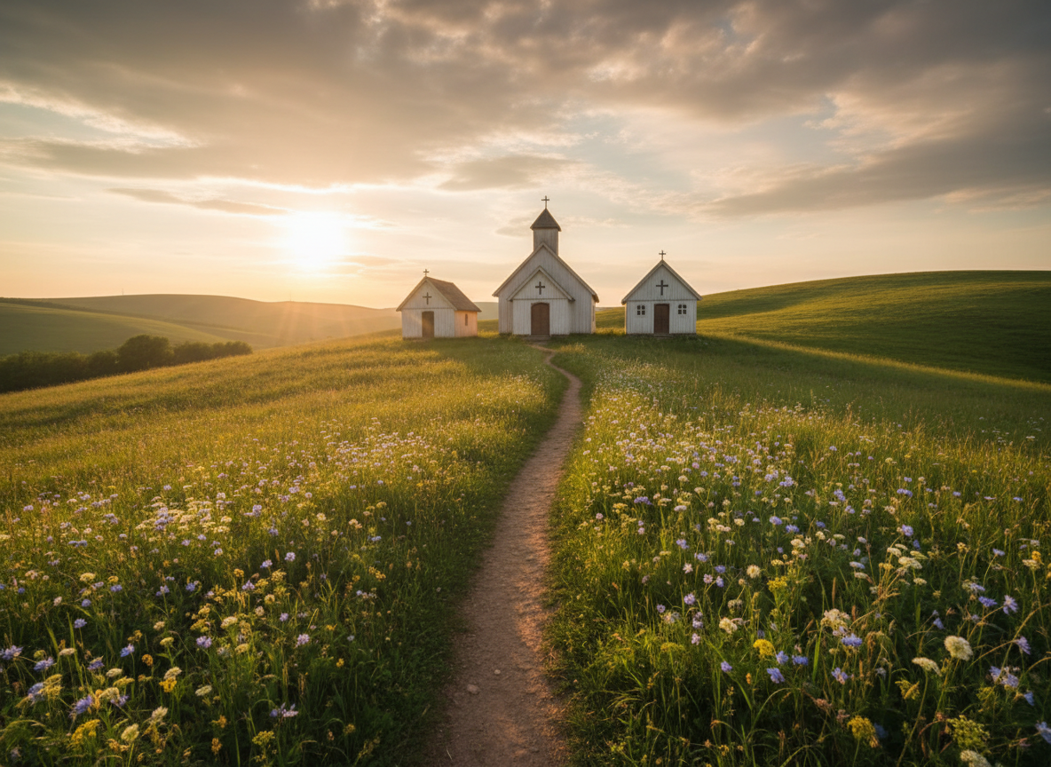 A small cluster of simple, rustic church buildings is seen from a distance, their white wooden exteriors and modest steeple nestled in rolling, sunlit green hills. A narrow, well-trodden dirt path gently curves from the foreground toward the church, bordered by wildflowers in soft blues and yellows. Late-afternoon golden hour light bathes the scene, casting long, warm shadows and illuminating the clouds with a subtle glow. The camera is positioned at a low angle, looking up the path toward the church, creating a sense of journey and invitation. Photographic realism with natural, vibrant yet gentle colors conveys a mood of hope, welcome, and community in faith, suitable for a ministry focused on restoring lives and hearts.