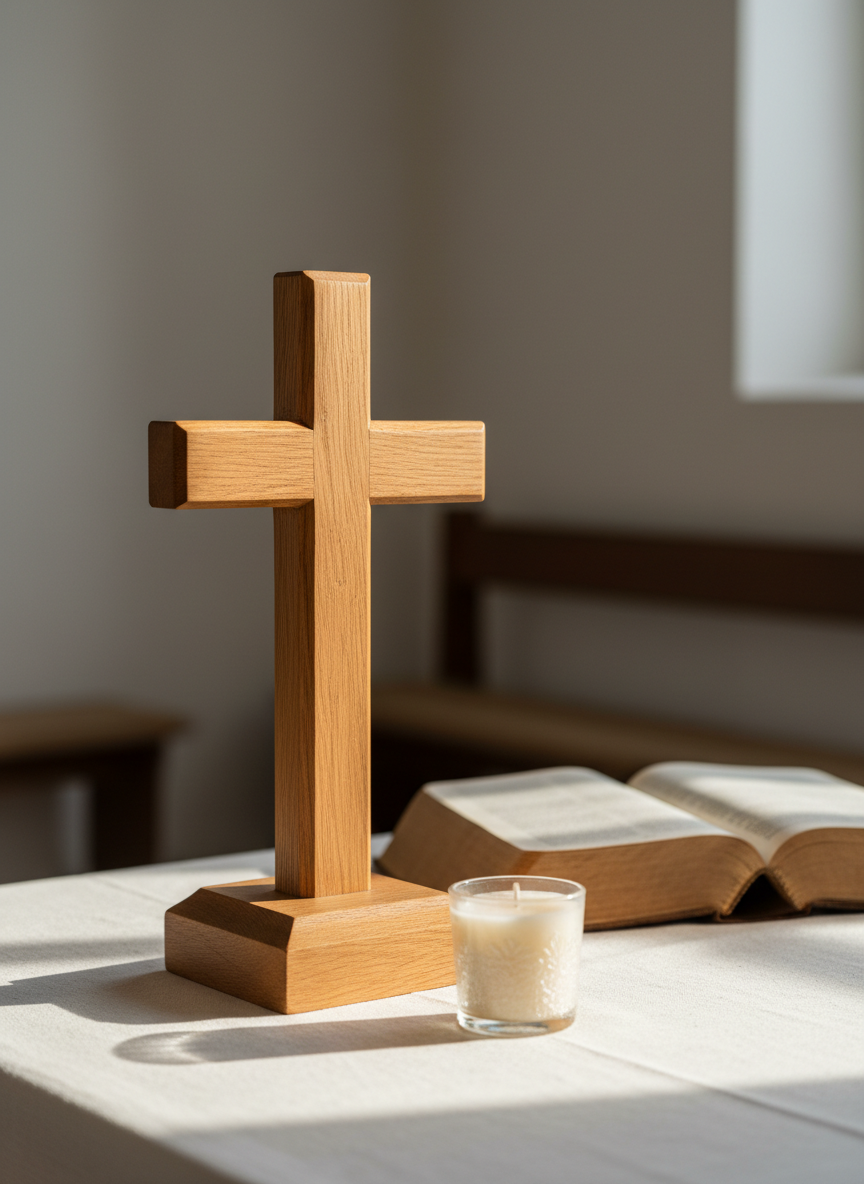 A finely crafted wooden cross, carved from smooth, warm-toned oak with visible grain and subtle imperfections, stands upright on a simple linen-draped table. Around its base rest an open, well-worn leather Bible and a small, unlit ivory candle in a clear glass holder. Soft morning light streams in from an unseen side window, creating gentle highlights on the cross’s edges and casting a calm shadow across the fabric. The background is softly blurred, suggesting a quiet chapel interior with neutral walls. Photographic realism with a clean, modern, professional aesthetic, captured at eye level with a shallow depth of field to emphasize a serene, hope-filled atmosphere of prayer and reflection.