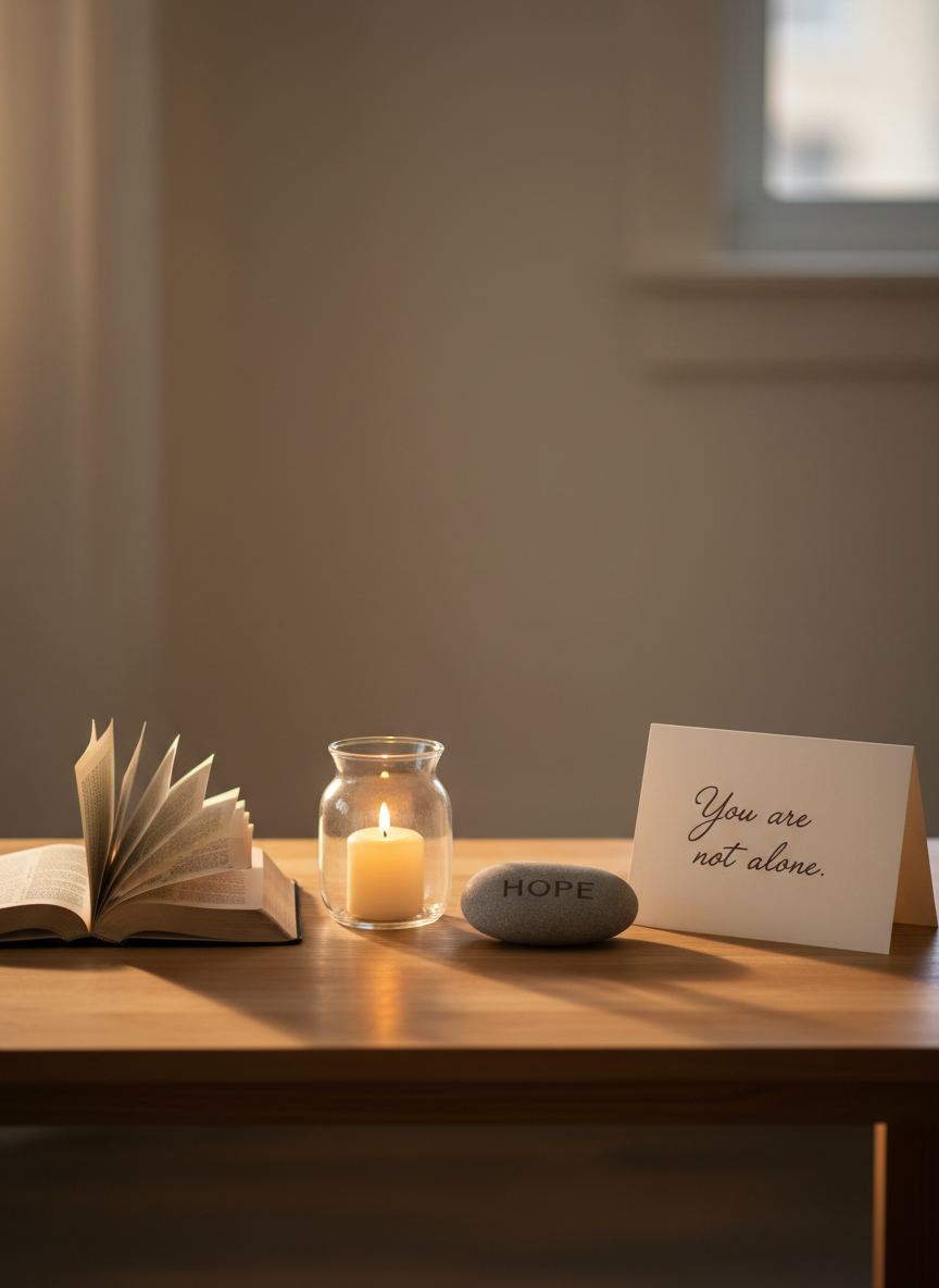 A simple wooden table in a softly lit room holds four symbolic objects arranged neatly: an open Bible with thin, slightly worn pages; a small, modern glass lantern with a glowing candle inside casting a warm halo; a smooth river stone engraved with the word “HOPE”; and a folded, cream-colored card that reads “You are not alone” in elegant script. The background is intentionally blurred, suggesting a calm, uncluttered space with neutral walls. Warm, diffused side lighting creates gentle highlights and soft shadows, emphasizing textures and creating a contemplative, prayerful mood. Captured in photographic realism from a slightly elevated angle with balanced composition, the image feels professional yet deeply comforting, expressing the ministry’s commitment to faith, prayer, encouragement, and community.
